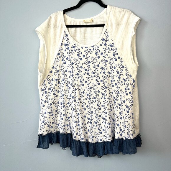 Altar'd State Tops - Altar'd State Blue Floral Mixed Media Gauzy Boho Peasant Top Size L